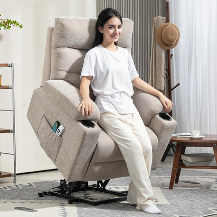 Fauteuil de massage avec fonction debout, 8 points de massage par vibration, fauteuil électrique rembourré avec 2 télécommandes, marron clair