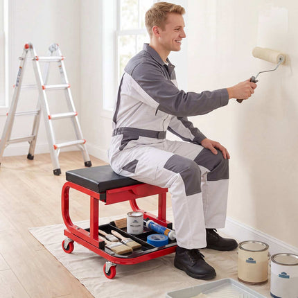 Tabouret roulant de mécanicien avec tiroir magnétique et plateaux à outils