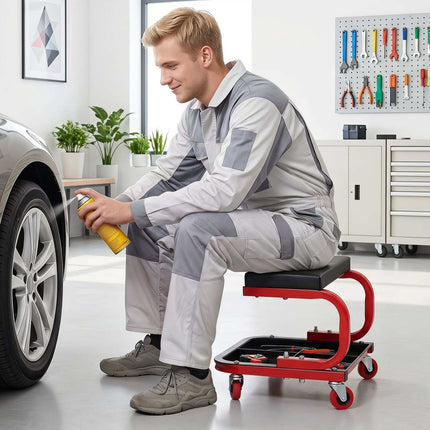 Tabouret roulant de mécanicien avec tiroir magnétique et plateaux à outils