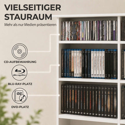 Media Shelf with 16 Compartments for Up to 720 CDs, 12 Adjustable Shelves, White