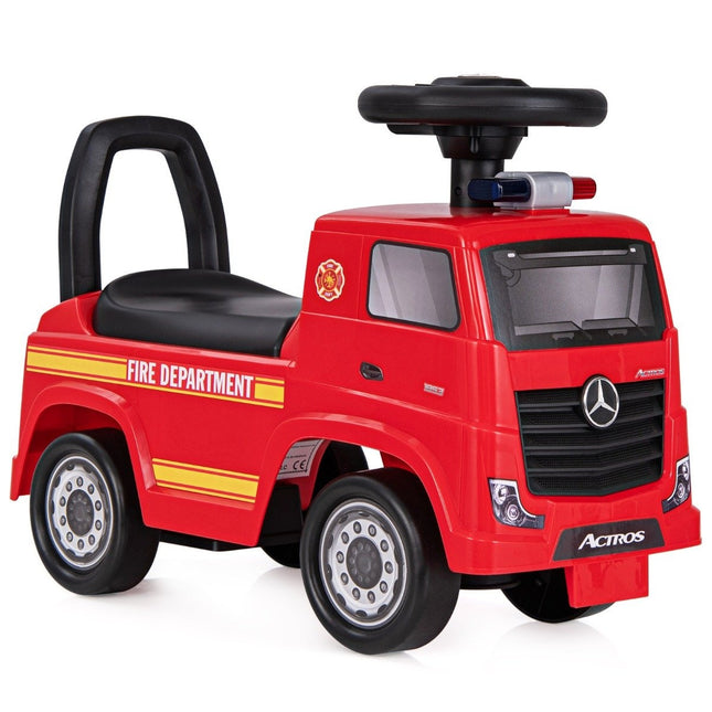 Voiture à conducteur porté Mercedes Benz, voiture à pousser avec espace de rangement, camion de pompiers avec voyant d'avertissement rouge
