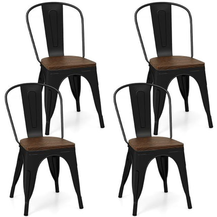 Metall-Esszimmerstühle 4er-Set, stapelbar, Ulmenholz-Sitz, Schwarz