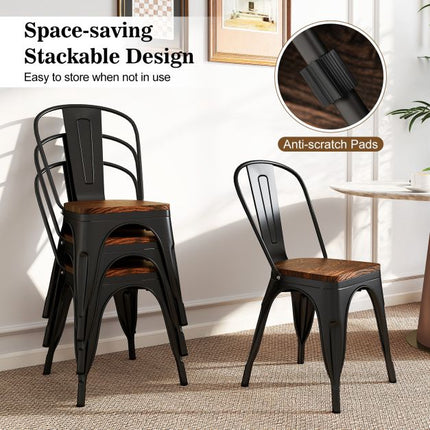 Metall-Esszimmerstühle 4er-Set, stapelbar, Ulmenholz-Sitz, Schwarz