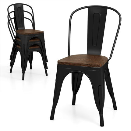 Metall-Esszimmerstühle 4er-Set, stapelbar, Ulmenholz-Sitz, Schwarz