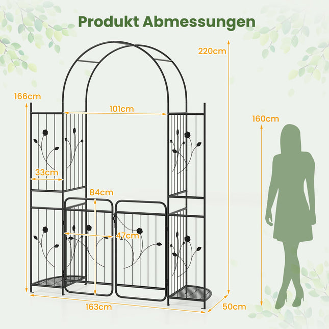 Arche de jardin en métal avec portail et étagères à plantes - Noire