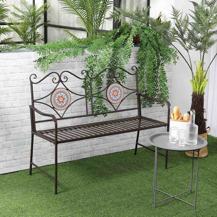 Metall-Gartenbank, 2-Sitzer mit Mosaik-Rückenlehne, braun