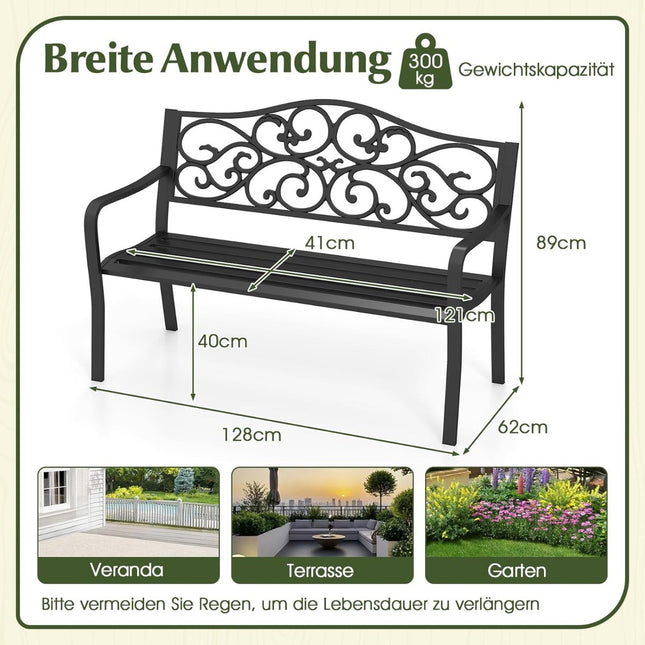 Metall-Gartenbank für 2–3 Personen mit Blumenrückenlehne