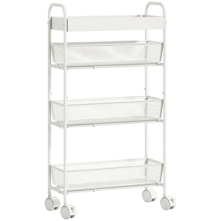 Metallküchenwagen, 3 Körbe, schmales Design, 4 Rollen, Weiß