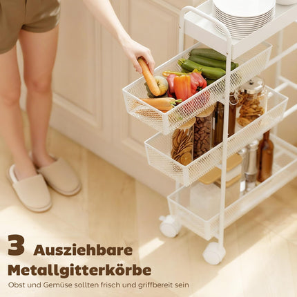Metallküchenwagen, 3 Körbe, schmales Design, 4 Rollen, Weiß