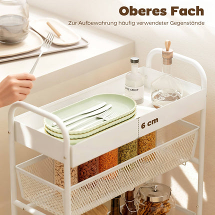 Metallküchenwagen, 3 Körbe, schmales Design, 4 Rollen, Weiß