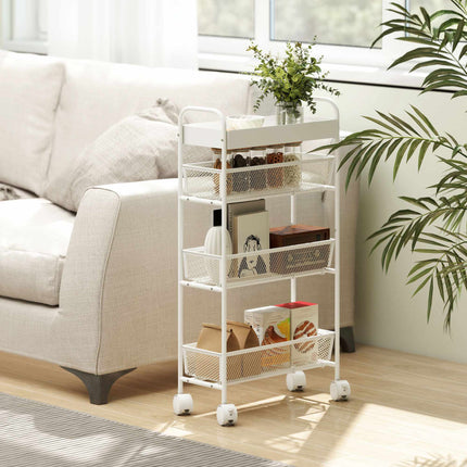 Metallküchenwagen, 3 Körbe, schmales Design, 4 Rollen, Weiß