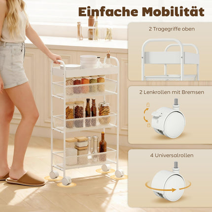 Metallküchenwagen, 3 Körbe, schmales Design, 4 Rollen, Weiß