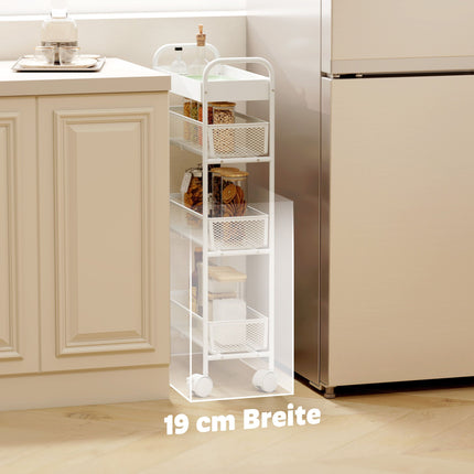 Metallküchenwagen, 3 Körbe, schmales Design, 4 Rollen, Weiß