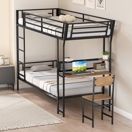 Lit superposé mezzanine en métal avec bureau, barrière de sécurité et échelle