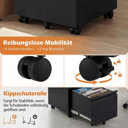 Metall Rollcontainer mit Schloss, 2 Schubladen, Schwarz