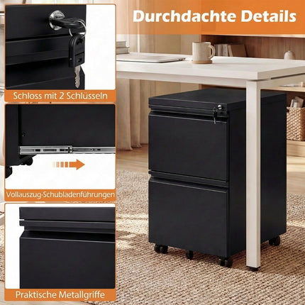 Metall Rollcontainer mit Schloss, 2 Schubladen, Schwarz