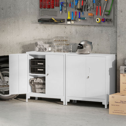 Armoire de bureau en métal, portes verrouillables, 2 niveaux, blanche