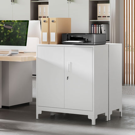 Armoire de bureau en métal, portes verrouillables, 2 niveaux, blanche
