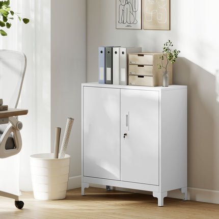 Armoire de bureau en métal, portes verrouillables, 2 niveaux, blanche