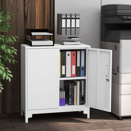 Armoire de bureau en métal, portes verrouillables, 2 niveaux, blanche