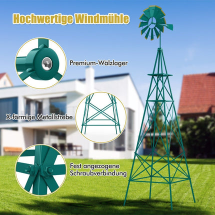 Moulin à vent en métal avec 4 pieds de support, résistant aux intempéries, pour jardin, cour, 67 x 67 x 253 cm, vert
