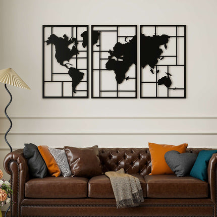 Metall-Wandkunst-Set – 3-teilige Weltkarte, 50x80 cm, Schwarz
