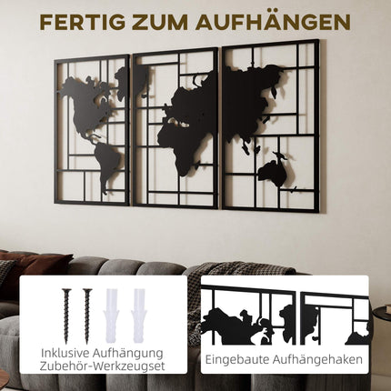Metall-Wandkunst-Set – 3-teilige Weltkarte, 50x80 cm, Schwarz