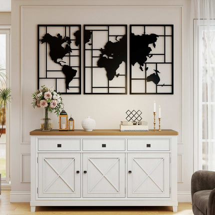 Metall-Wandkunst-Set – 3-teilige Weltkarte, 50x80 cm, Schwarz
