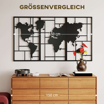 Metall-Wandkunst-Set – 3-teilige Weltkarte, 50x80 cm, Schwarz
