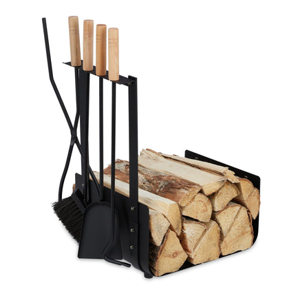 Panier à bois en métal avec ustensiles de poêle