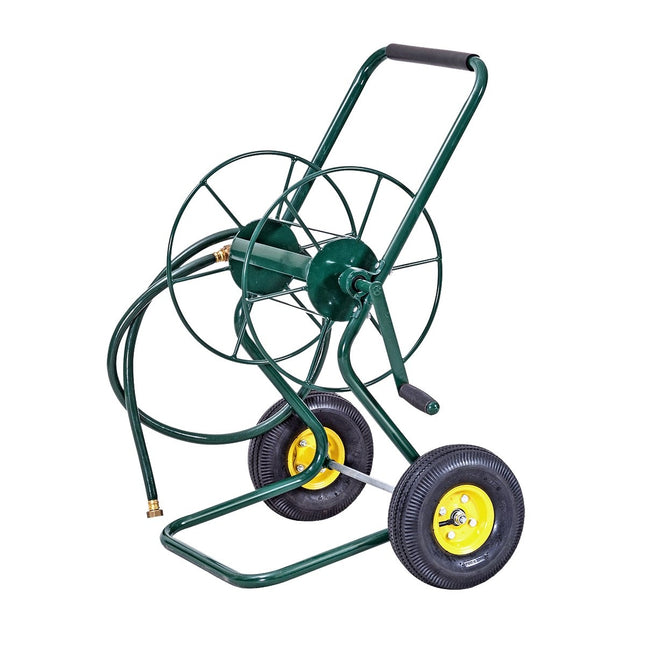 Chariot à tuyaux en métal avec 2 pneumatiques et manivelle pour tuyau de 61M 3/4" chariot à tuyaux d'arrosage vert