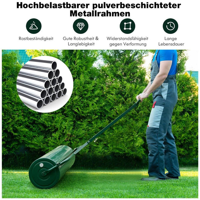Metal lawn roller, grass roller for pushing or pulling, 99 x 30 x 137 cm, green
