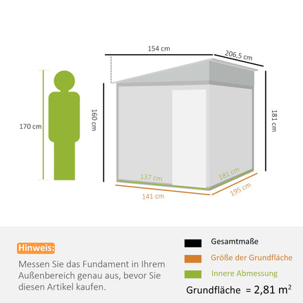 Metallgerätehaus 2.81m² 154x206.5x181 cm Geräteschuppen mit Pultdach Fundament