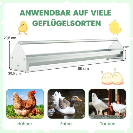 Metalltrog für Hühnerfutter-Körnerspender aus verzinktem Metall mit Ablauflöchern und drehbarem Griff