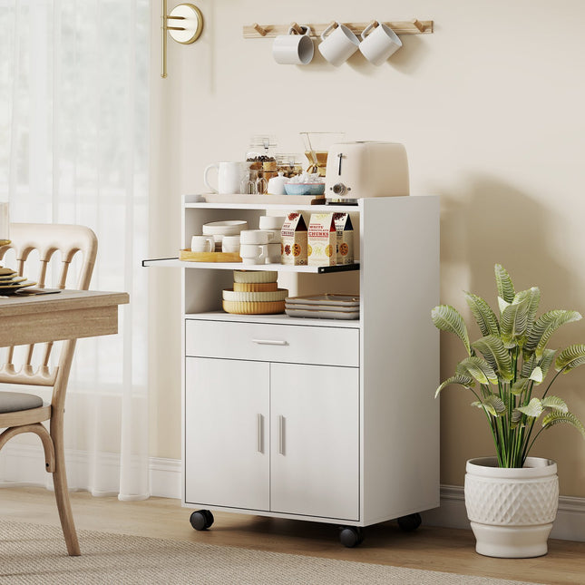 Meuble à micro-ondes avec tiroir et roulettes, blanc
