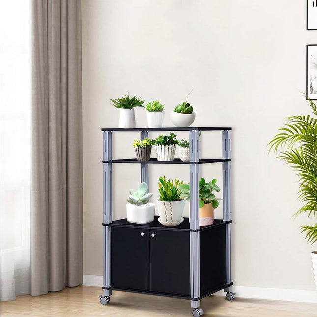 Chariot pour micro-ondes, étagère à 3 niveaux avec placard, noir