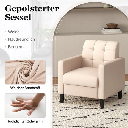 Mid-Century Samtsessel, gesteppte Rückenlehne, Beige