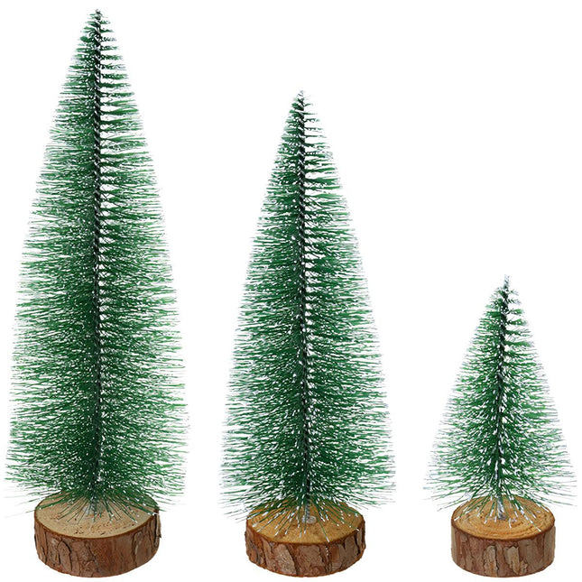 Ensemble de 3 mini sapins de Noël enneigés, socle en bois