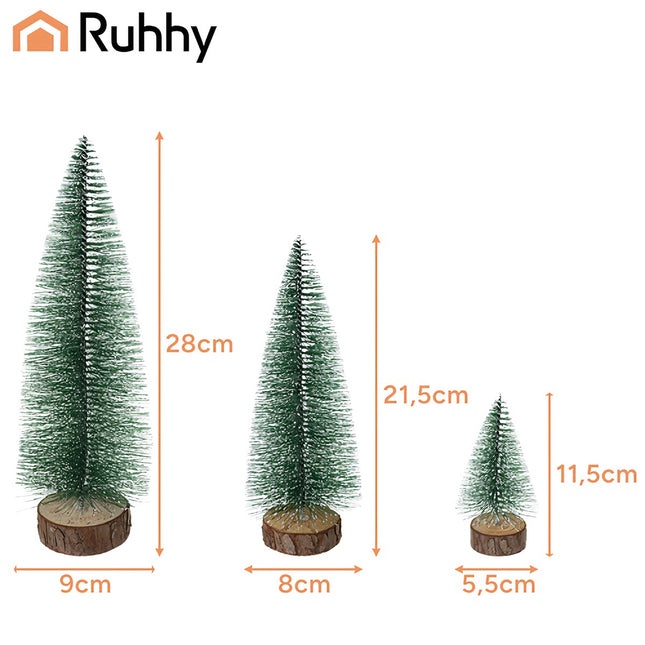 Ensemble de 3 mini sapins de Noël enneigés, socle en bois