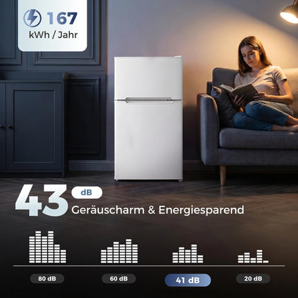 Mini Fridge with Freezer Compartment 90 L, 2 Doors, Adjustable Thermostat, White