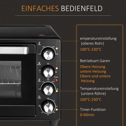 Mini-Backofen-Toaster, 32 l Fassungsvermögen, Timer, Schwarz