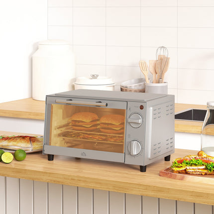 Mini four Mini four 9 L avec plaque à pâtisserie, grille, 100 °C-230 °C, avec température et temps de cuisson réglables, minuterie 60 min, 750 W, acier inoxydable, argent