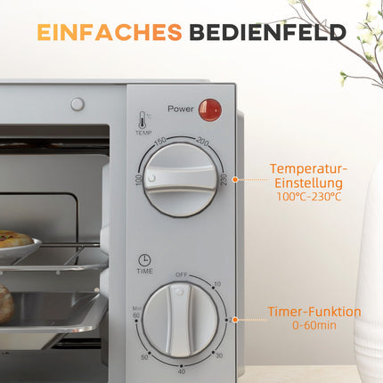 Mini four Mini four 9 L avec plaque à pâtisserie, grille, 100 °C-230 °C, avec température et temps de cuisson réglables, minuterie 60 min, 750 W, acier inoxydable, argent