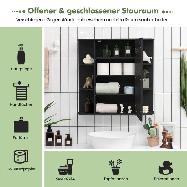 Spiegelschrank Badezimmer 4 Fächer &amp; 6 offene Regale Badezimmerschrank mit Spiegel 66 x 17 x 63 cm Schwarz
