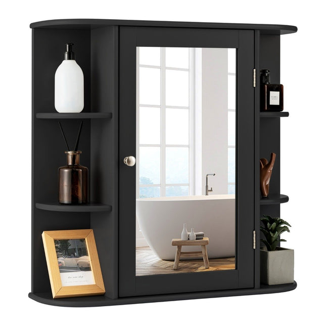 Spiegelschrank Badezimmer 4 Fächer &amp; 6 offene Regale Badezimmerschrank mit Spiegel 66 x 17 x 63 cm Schwarz