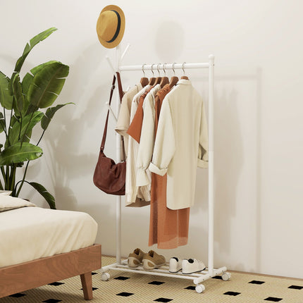 Portant à vêtements mobile avec tringle, 5 crochets, étagère à chaussures, blanc
