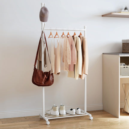 Portant à vêtements mobile avec tringle, 5 crochets, étagère à chaussures, blanc