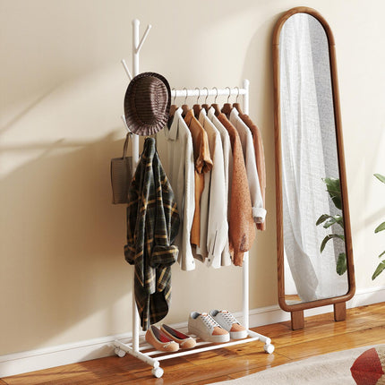 Portant à vêtements mobile avec tringle, 5 crochets, étagère à chaussures, blanc