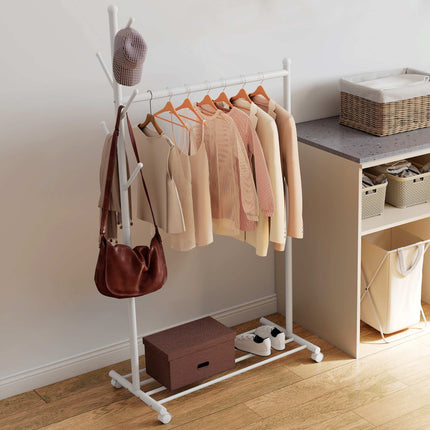 Portant à vêtements mobile avec roulettes, crochets et étagère à chaussures, blanc