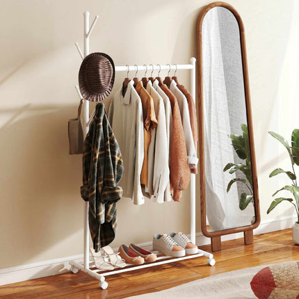 Portant à vêtements mobile avec roulettes, crochets et étagère à chaussures, blanc
